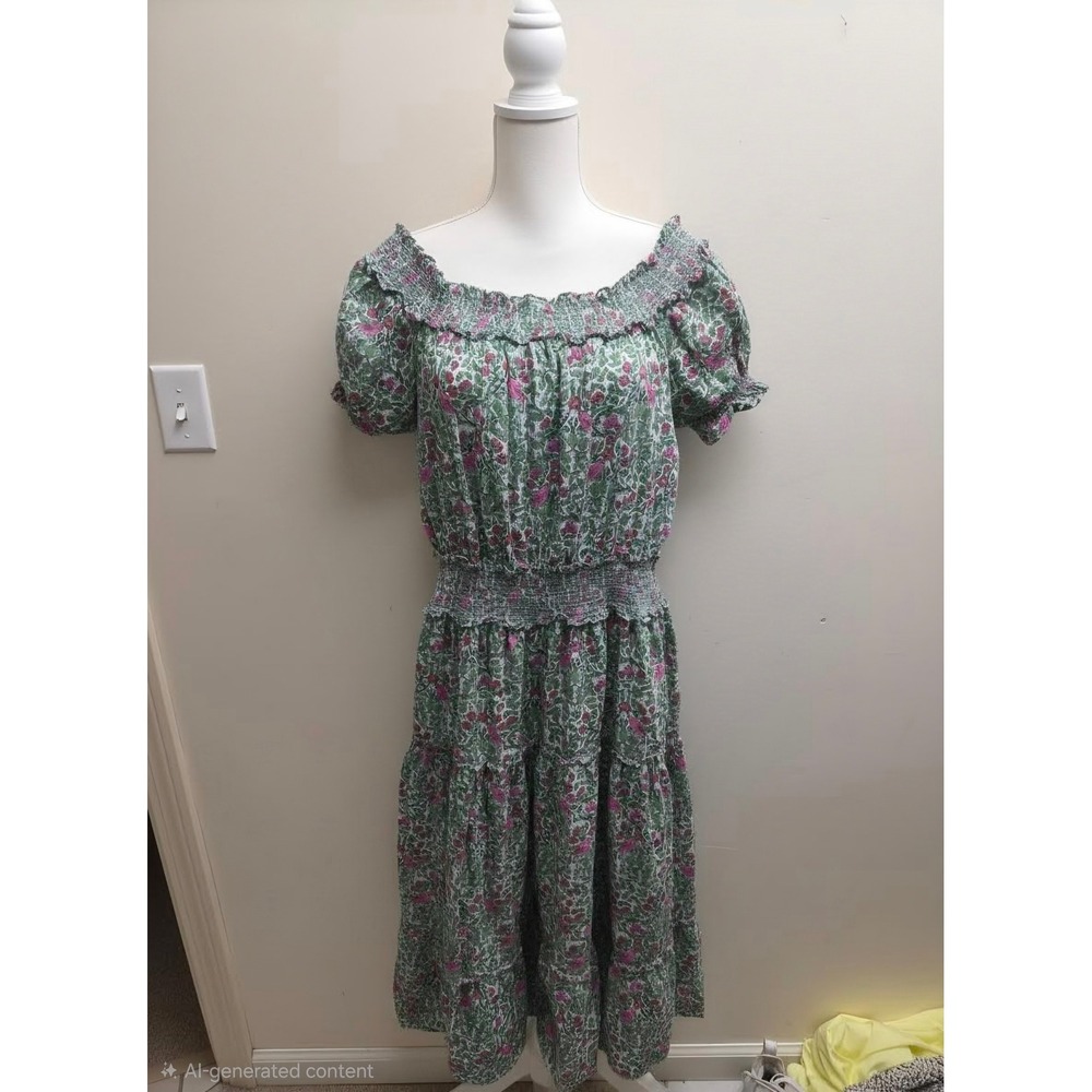 Pomegranate‎ Green Pink Floral Block Print Smocked Midi Dress Cottagecore Womens